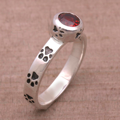 Garnet single stone ring, 'Paws for Celebration' - Garnet and Sterling Silver Single Stone Ring from Bali
