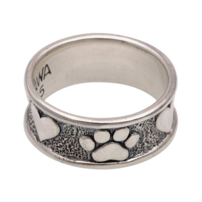 Sterling silver band ring, 'Loving Paws' - Sterling Silver Paw Heart Band Ring from Bali