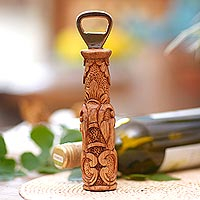 Wood bottle opener, 'Floral Refreshment'