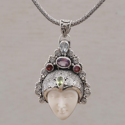 Multi-gemstone pendant necklace, 'Jeweled Knight' - Artisan Crafted Multi-Gem Face Pendant Necklace from Bali