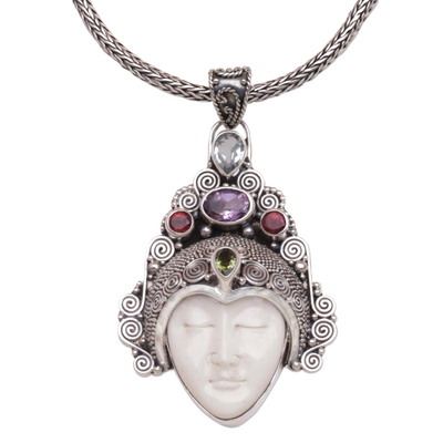 Multi-gemstone pendant necklace, 'Jeweled Knight' - Artisan Crafted Multi-Gem Face Pendant Necklace from Bali