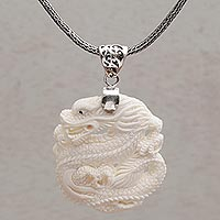 Sterling silver and bone pendant necklace, 'Sky Guardian' - Sterling Silver and Bone Dragon Pendant Necklace from Bali