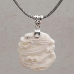 Sterling silver and bone pendant necklace, 'Sky Guardian' - Sterling Silver and Bone Dragon Pendant Necklace from Bali