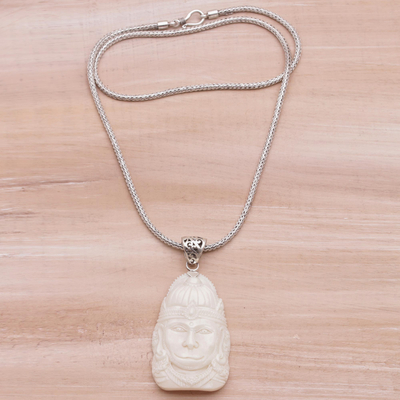 Sterling silver and bone pendant necklace, 'Supreme Hanuman' - Sterling Silver and Bone Hindu Pendant Necklace from Bali