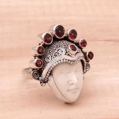 Garnet cocktail ring, 'Sunshine Knight' - Garnet and Sterling Silver Face Cocktail Ring from Bali