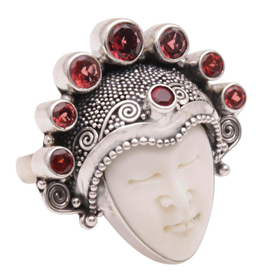 Garnet cocktail ring, 'Sunshine Knight' - Garnet and Sterling Silver Face Cocktail Ring from Bali