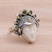 Peridot cocktail ring, 'Sunshine Knight' - Peridot and Sterling Silver Face Cocktail Ring from Bali