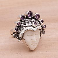 Amethyst cocktail ring, 'Sunshine Knight' - Amethyst and Sterling Silver Face Cocktail Ring from Bali