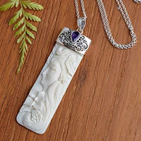 Amethyst pendant necklace, 'Nature Goddess' - Amethyst and Bone Pendant Necklace from Bali