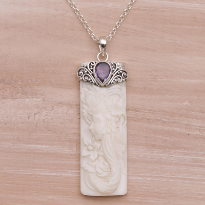 Amethyst pendant necklace, 'Nature Goddess' - Amethyst and Bone Pendant Necklace from Bali