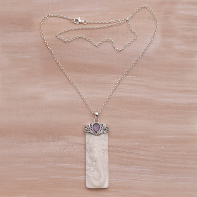 Amethyst pendant necklace, 'Nature Goddess' - Amethyst and Bone Pendant Necklace from Bali