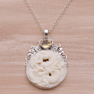 Citrine pendant necklace, 'Fiery Antaboga' - Citrine and Bone Dragon Pendant Necklace from Bali