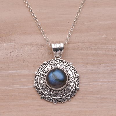 Labradorite pendant necklace, 'Frangipani Secrets' - Labradorite and Sterling Silver Pendant Necklace from Bali