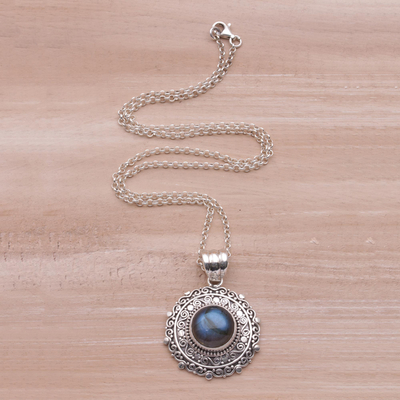 Labradorite pendant necklace, 'Frangipani Secrets' - Labradorite and Sterling Silver Pendant Necklace from Bali