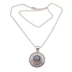 Labradorite pendant necklace, 'Frangipani Secrets' - Labradorite and Sterling Silver Pendant Necklace from Bali