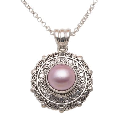 Cultured mabe pearl pendant necklace, 'Frangipani Secrets' - Pink Cultured Pearl and Sterling Silver Necklace from Bali