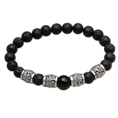 Onyx and lava stone beaded stretch bracelet, 'Batur Heritage' - Onyx Lava Stone and 925 Silver Beaded Bracelet from Bali