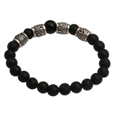 Stretch-Armband aus Onyx- und Lavasteinperlen - Onyx-Lavastein und 925er Silberperlenarmband aus Bali