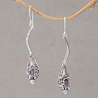 Gold accented garnet dangle earrings, 'Dragon Queen' - Garnet and Sterling Silver Dragon Earrings with Gold Accent