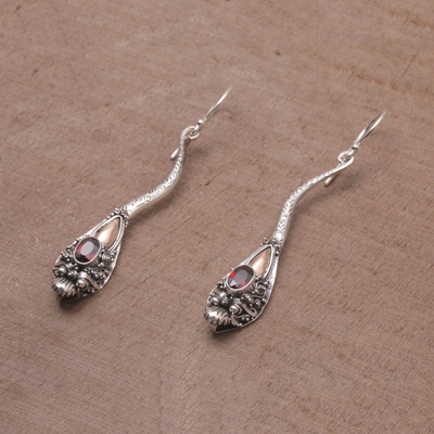 Gold accented garnet dangle earrings, 'Dragon Queen' - Garnet and Sterling Silver Dragon Earrings with Gold Accent
