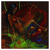 'Lady on Fire' - Colorful Expressionist Painting of the Female Form from Bali
