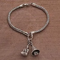 Pulsera con dijes de plata de ley, 'Campana de la estupa de Buda' - Pulsera con dijes de Buda con campana de estupa de plata de ley de Bali