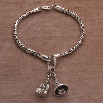 Sterling silver charm bracelet, 'Buddha's Stupa Bell' - Sterling Silver Stupa Bell Buddha Charm Bracelet from Bali