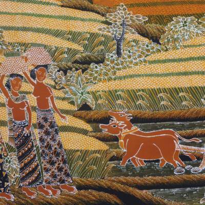 Signed Batik Painting of Rice Farmers from Bali - Harvest Time | NOVICA