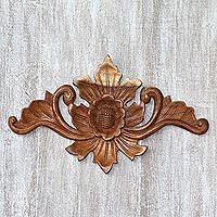 Wood relief panel, 'Open Flower' - Handcrafted Suar Wood Floral Relief Panel from Bali