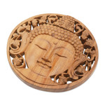 Wood relief panel, 'Berry Buddha' - Handcrafted Suar Wood Buddha Relief Panel from Bali