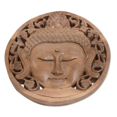 Wood relief panel, 'Berry Buddha' - Handcrafted Suar Wood Buddha Relief Panel from Bali