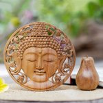 Wood relief panel, 'Berry Buddha' - Handcrafted Suar Wood Buddha Relief Panel from Bali