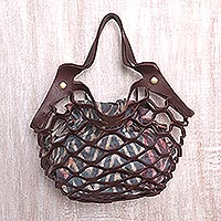 Leather shoulder bag, 'Sea Green Nest'