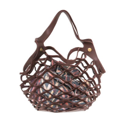 Leather shoulder bag, 'Sea Green Nest' - Brown Leather Shoulder Bag with Chevron Print Cotton Lining