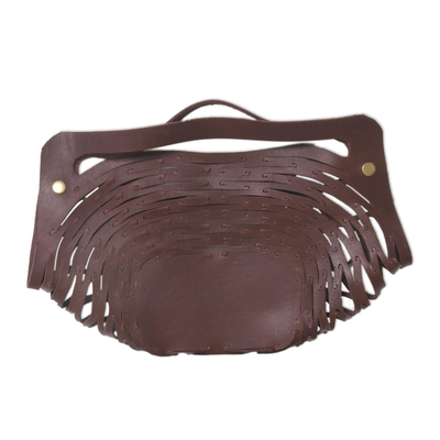 Leather shoulder bag, 'Sea Green Nest' - Brown Leather Shoulder Bag with Chevron Print Cotton Lining