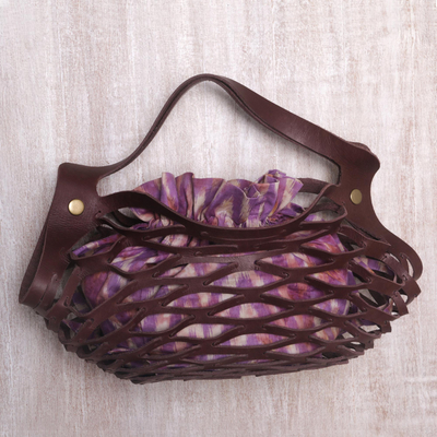 Unique Leather Shoulder Bag with Cotton Lining from Bali, 'Deep Lavender  Nest'