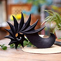 Wood sculpture, 'Black Spider Conch' - Signed Balinese Suar Wood Sea Shell Sculpture