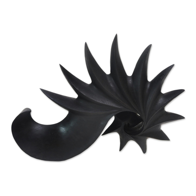 Wood sculpture, 'Black Spider Conch' - Signed Balinese Suar Wood Sea Shell Sculpture