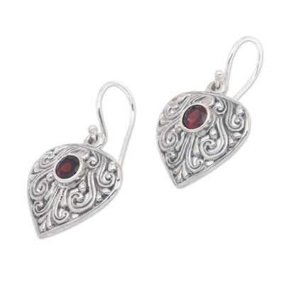Garnet dangle earrings, 'Crest of Vines' - Handmade Sterling Silver and Garnet Dangle Earrings