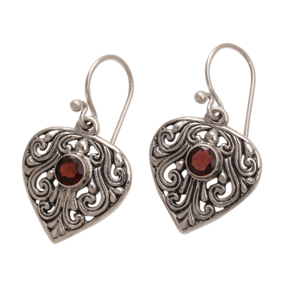 Garnet dangle earrings, 'Crest of Vines' - Handmade Sterling Silver and Garnet Dangle Earrings