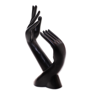 Wood jewelry display stand, 'Graceful Hands' - Artisan Made Sculptural Hands Balinese Wood Jewelry Holder