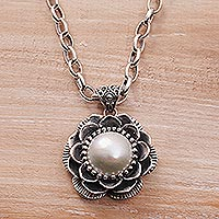 Cultured pearl pendant necklace, 'Resplendent Lotus' - Cultured Pearl and Sterling Silver Floral Pendant Necklace