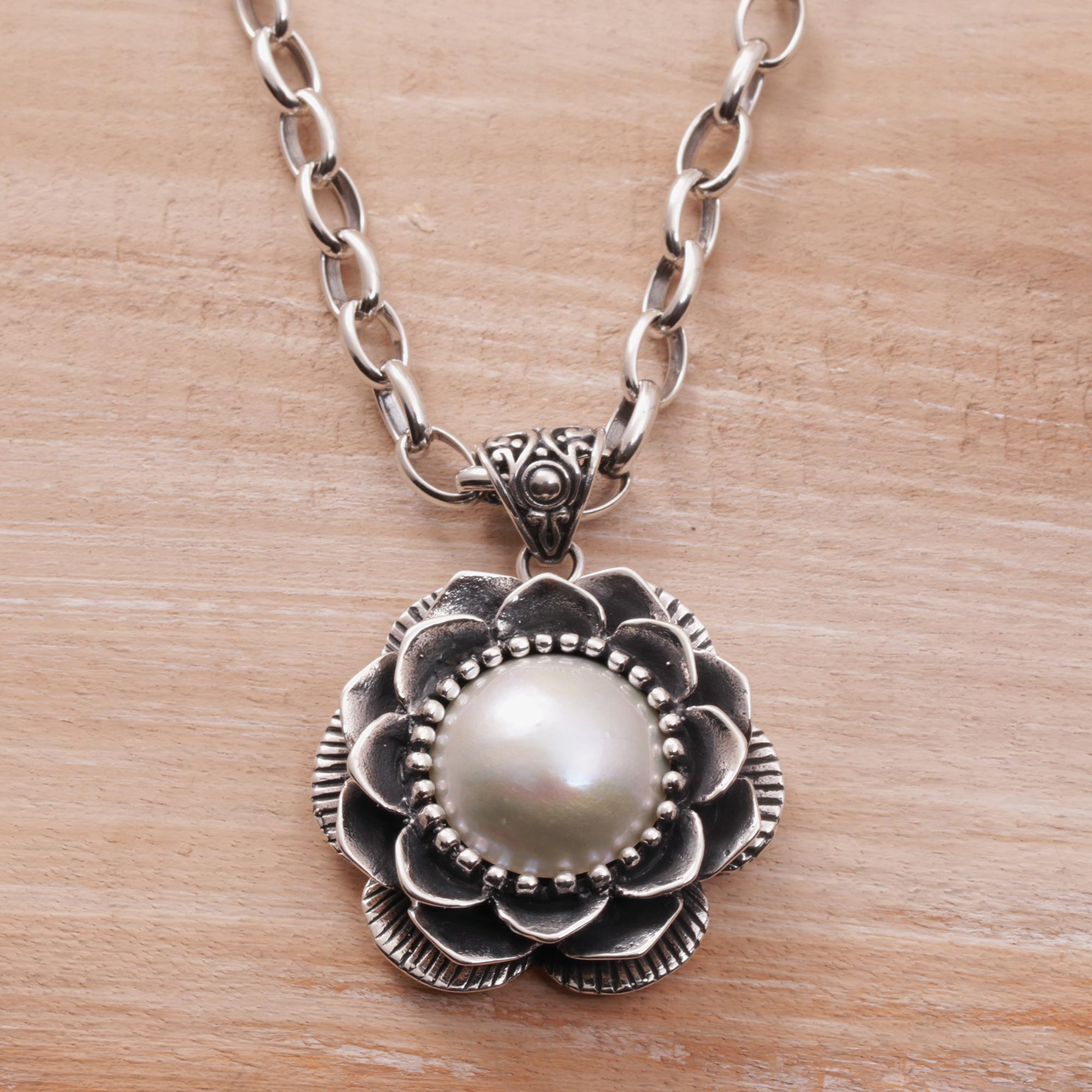 Cultured Pearl and Sterling Silver Floral Pendant Necklace, 'Resplendent  Lotus'