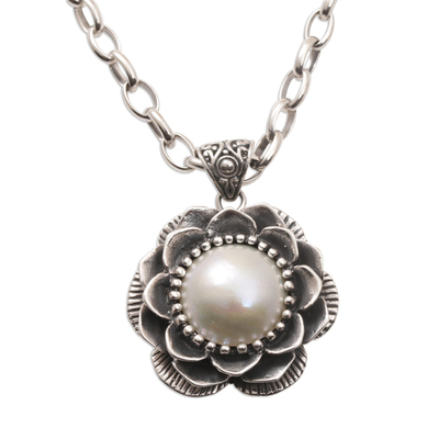 Cultured Pearl and Sterling Silver Floral Pendant Necklace ...