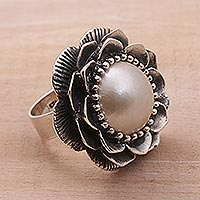 Cultured Mabe Pearl and Sterling Silver Lotus Cocktail Ring,'Full Moon Lotus'