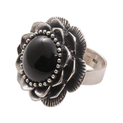 Onyx cocktail ring, 'Midnight Lotus' - Handmade Onyx and Sterling Silver Cocktail Ring