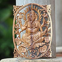 Wood relief panel, 'Aurora Ganesha' - Hand-Carved Suar Wood Ganesha Relief Panel from Bali