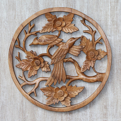 Wood relief panel, 'Songbird Couple' - Handcrafted Suar Wood Bird-Themed Relief Panel from Bali