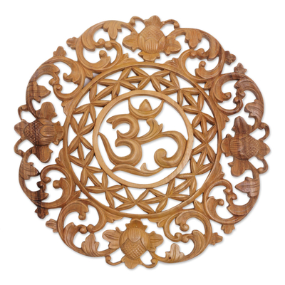Wood relief panel, 'Om Berries' - Handcrafted Suar Wood Omkara Relief Panel from Bali