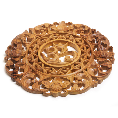 Wood relief panel, 'Om Berries' - Handcrafted Suar Wood Omkara Relief Panel from Bali
